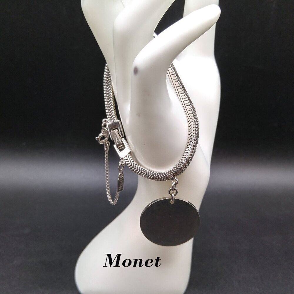 Vintage Monet Snake Chain Bracelet Engravable Disk Rhodium Sister Clasp